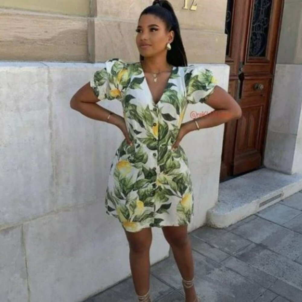 H&M | Linen Lemon Print Button Down Puff Sleeve Mini Dress | Large